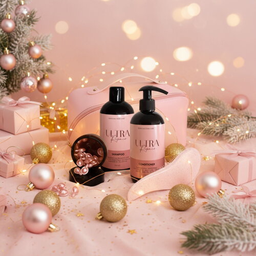 Dárková sada ULTRA-REPAIR – regenerační vlasová péče s kapslemi, šamponem, kondicionérem a hřebenem