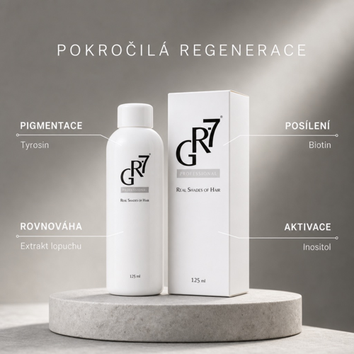 Aktivní formule GR7 s tyrosinem, biotinem, inositolem a extraktem z lopuchu pro podporu přirozené pigmentace a zdravého růstu vlasů. Aktivní formule GR7 s tyrosinem, biotinem, inositolem a extraktem z lopuchu pro podporu přirozené pigmentace a zdravého růstu vlasů.