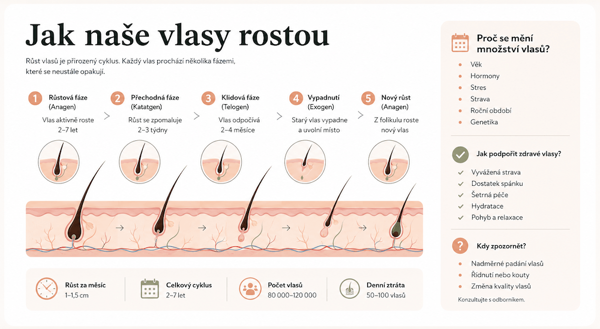 Podrobná infografika růstového cyklu vlasů 'Jak naše vlasy rostou' s tipy a statistikami. Detailní edukativní infografika s hlavním nadpisem 'Jak naše vlasy rostou' vizualizuje pětifázový cyklus růstu vlasů doplněný o komplexní statistiky a rady. Ústřední grafika průřezu kůží ukazuje vlasové folikuly v pěti fázích růstu: Růstová fáze (Anagen): Vlas aktivně roste, doba trvání 2–7 let. Přechodná fáze (Katagen): Růst se zpomaluje, vlas se odpojuje od cibulky, doba trvání 2–3 týdny. Klidová fáze (Telogen): Vlas odpočívá, cibulka je zmenšená, doba trvání 2–4 měsíce. Vypadnutí (Exogen): Starý vlas vypadne a uvolní místo pro nový. Nový růst (Anagen): Z folikulu začíná růst nový vlas. Spodní lišta shrnuje klíčové statistiky: průměrný růst za měsíc (1–1,5 cm), celkový cyklus (2–7 let), počet vlasů na hlavě (80 000–120 000) a průměrnou denní ztrátu (50–100 vlasů). Pravý panel obsahuje tři edukativní sekce: Proč se mění množství vlasů?: Seznam faktorů (věk, hormony, stres, strava, roční období, genetika). Jak podpořit zdravé vlasy?: Tipy na péči (vyvážená strava, dostatek spánku, šetrná péče, hydratace, pohyb a relaxace). Kdy zpozornět?: Varovné signály pro konzultaci s odborníkem (nadměrné padání vlasů, řídnutí nebo kouty, změna kvality vlasů).
