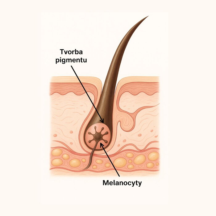 Trichologické schéma vlasového folikulu a melanocytů odpovědných za tvorbu pigmentu.