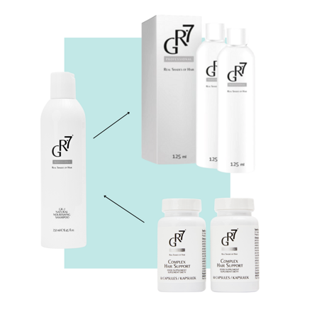 SET proti šedinám: GR-7 Profesional tonikum, GR-7 vitamínový komplex Hair support, GR-7 výživný hydratační šampon 