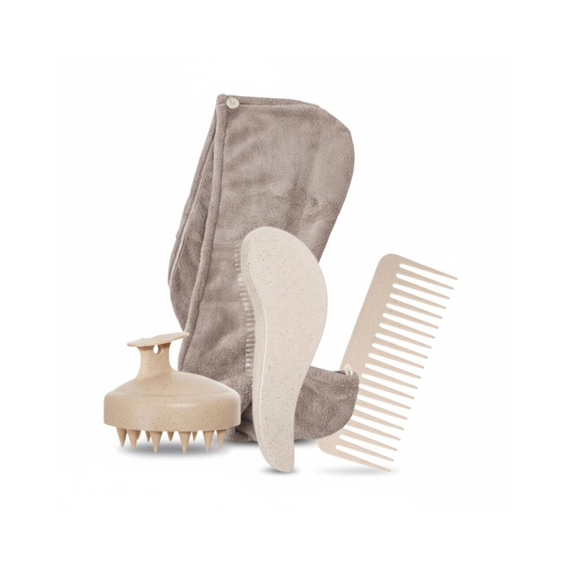 Dárková sada vlasových doplňků – turban, kartáče a hřeben v cestovní tašce