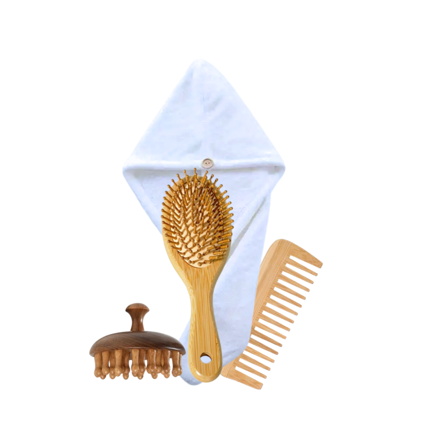 Dárková sada přírodních vlasových doplňků – bambusové kartáče a turban