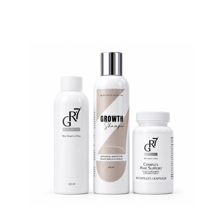 GR-7 Kompletní kúra proti šedinám: Tonikum GR-7 + vitamíny na vlasy HAIR SUPPORT + výživný šampon Growth