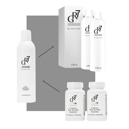 SET proti šedinám: GR-7 Profesional tonikum, GR-7 vitamínový komplex Hair support, GR-7 výživný hydratační šampon 