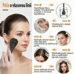 Postup aplikace dermarolleru na vlasovou linii a pěšinky pro podporu růstu vlasů.